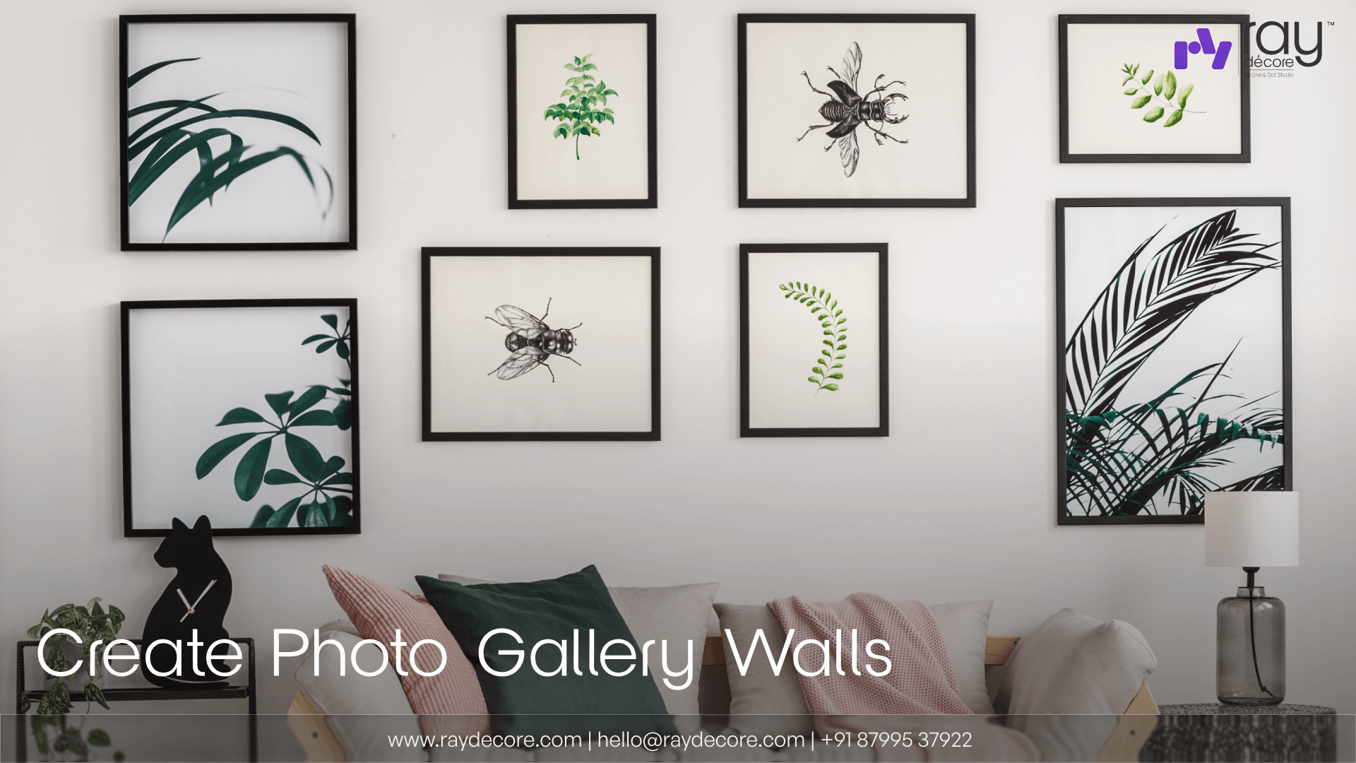 a photo gallery wall with eight photo frames hung on the wall behind the pink couch