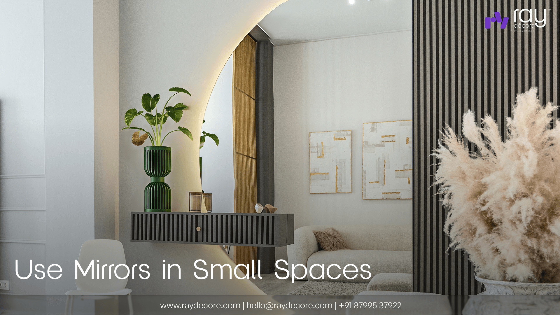 a living room decor ideas with a large mirror and a Ray Decore vase beside the mirror